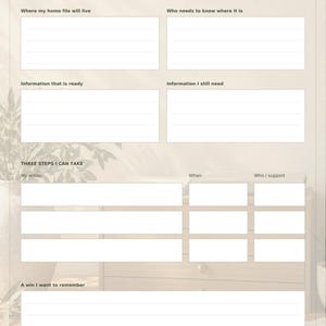 Op de afbeelding: Een beige printbaar organisatieblad voor thuisdossiers met de titel Peace of Mind Home File. Het bevat secties voor de locatie van het dossier, contacten, de status van informatie, een actieplan in drie stappen en een sectie voor successen.
