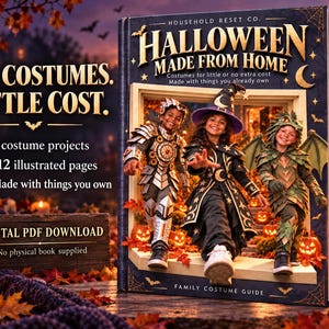 Halloween Made From Home digital guide shown as a dimensional book mockup with three costumed children, glowing pumpkins and a purple dusk sky. Big Costumes, Little Cost. Eight projects and 112 illustrated pages. Digital PDF download; no physical book supplied.
