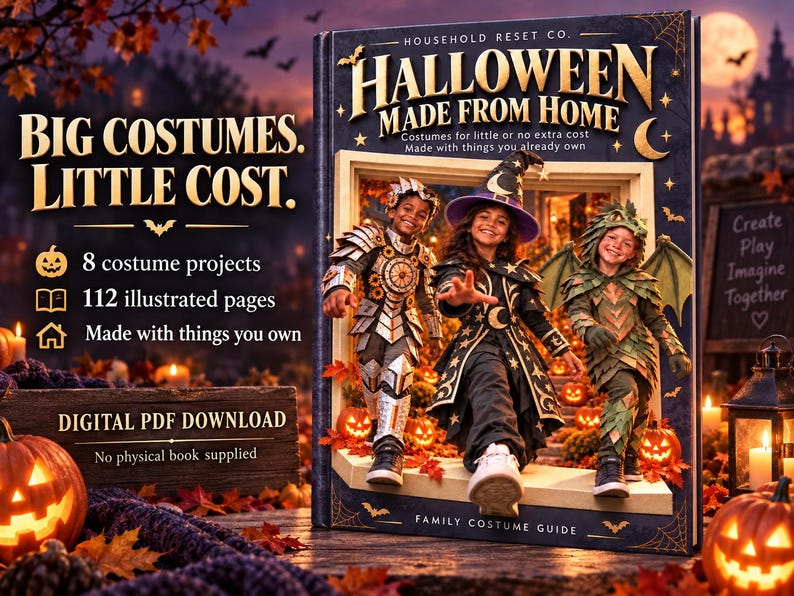 Halloween Made From Home digital guide shown as a dimensional book mockup with three costumed children, glowing pumpkins and a purple dusk sky. Big Costumes, Little Cost. Eight projects and 112 illustrated pages. Digital PDF download; no physical book supplied.