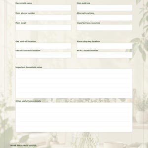 May include: A beige household information planner sheet titled Household Snapshot. It includes fields for address, phone numbers, email, utility shut-off locations, Wi-Fi router location, and sections for important household notes and useful details.