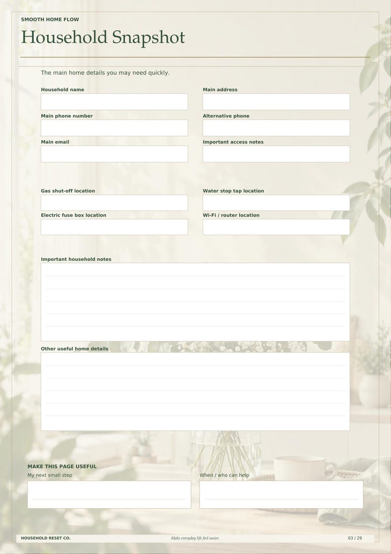 May include: A beige household information planner sheet titled Household Snapshot. It includes fields for address, phone numbers, email, utility shut-off locations, Wi-Fi router location, and sections for important household notes and useful details.