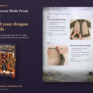 Actual guide page preview showing illustrations of planning dragon scales and drawing a triangular wing edge. Shown beside the original cover on a coordinated dark background.
