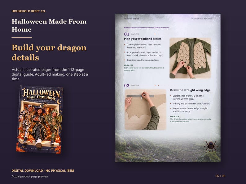 Actual guide page preview showing illustrations of planning dragon scales and drawing a triangular wing edge. Shown beside the original cover on a coordinated dark background.
