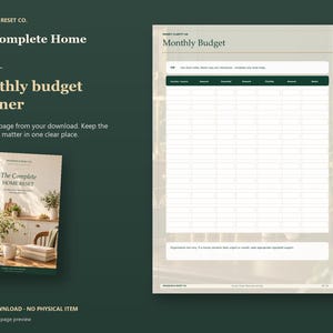 Actual guide page preview showing a monthly household budget table. Shown beside the original cover on a coordinated dark background.