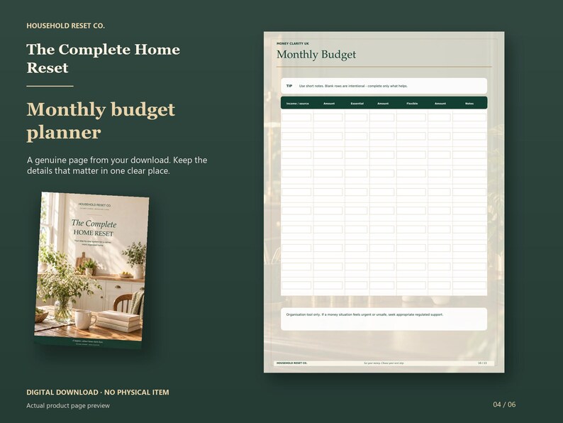 Actual guide page preview showing a monthly household budget table. Shown beside the original cover on a coordinated dark background.
