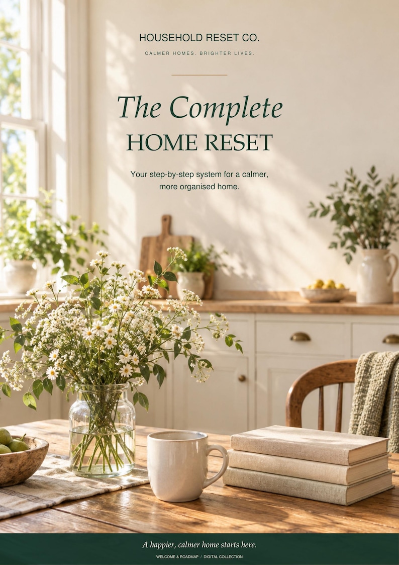 以下が含まれることがあります： HOUSEHOLD RESET CO. The Complete HOME RESET. Your step-by-step system for a calmer, more organised home. A happier, calmer home starts here. WELCOME & ROADMAP / DIGITAL COLLECTION というタイトルのデジタルガイド。キッチンシーンが描かれています。