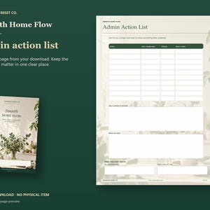 Admin Action List worksheet with an action table, priorities and notes, beside the floral planner cover on deep green.