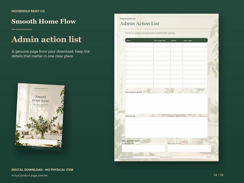 Admin Action List worksheet with an action table, priorities and notes, beside the floral planner cover on deep green.