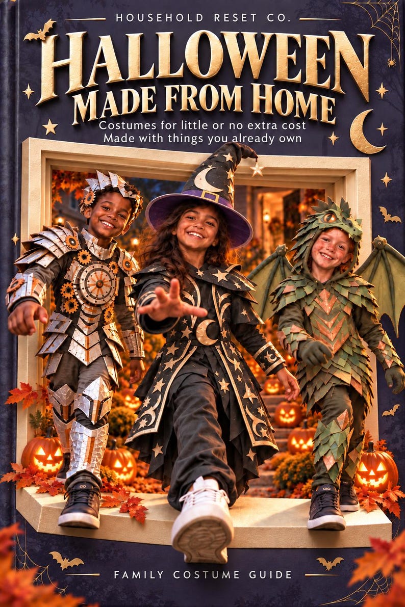 May include: A book cover titled Halloween Made From Home featuring three children in DIY costumes: a silver metallic knight, a black and gold star-patterned wizard, and a green dragon with scale-like textures, all standing in a doorway with pumpkins.