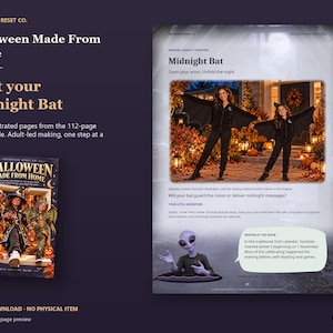 Actual guide page preview showing an illustrated adult and child wearing bat costumes beside a Halloween fact bubble. Shown beside the original cover on a coordinated dark background.