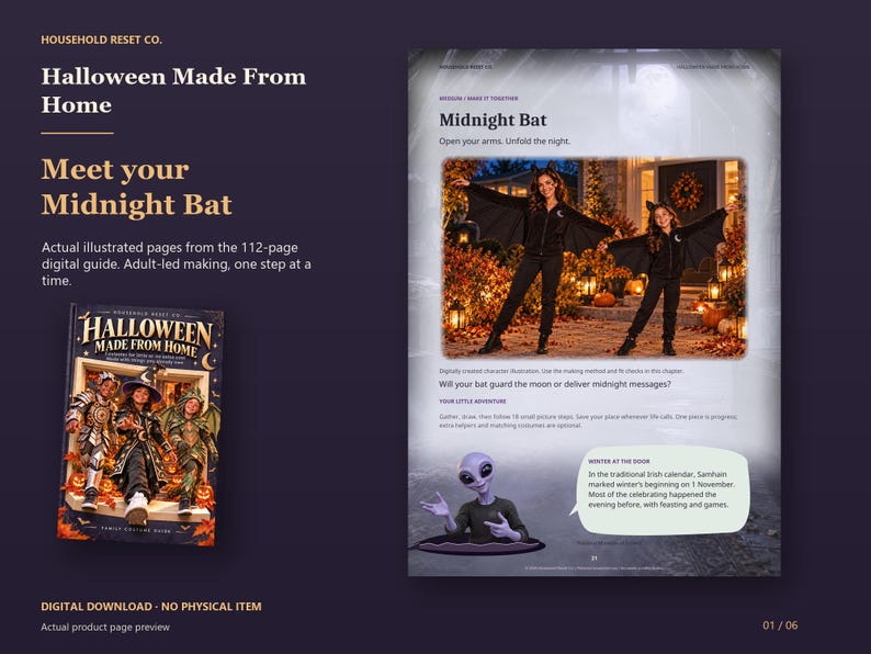 Actual guide page preview showing an illustrated adult and child wearing bat costumes beside a Halloween fact bubble. Shown beside the original cover on a coordinated dark background.