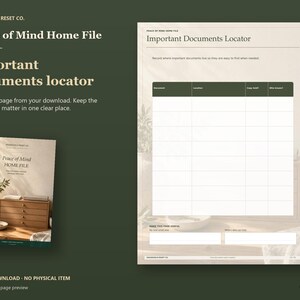Actual guide page preview showing a document locator table for storage location, copy and access details. Shown beside the original cover on a coordinated dark background.