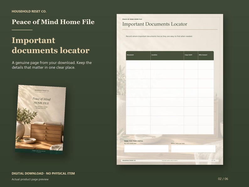 Actual guide page preview showing a document locator table for storage location, copy and access details. Shown beside the original cover on a coordinated dark background.