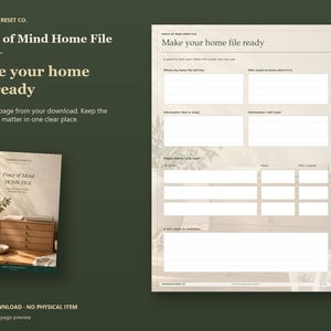 Actual guide page preview showing spaces for file location, missing information and three next steps. Shown beside the original cover on a coordinated dark background.