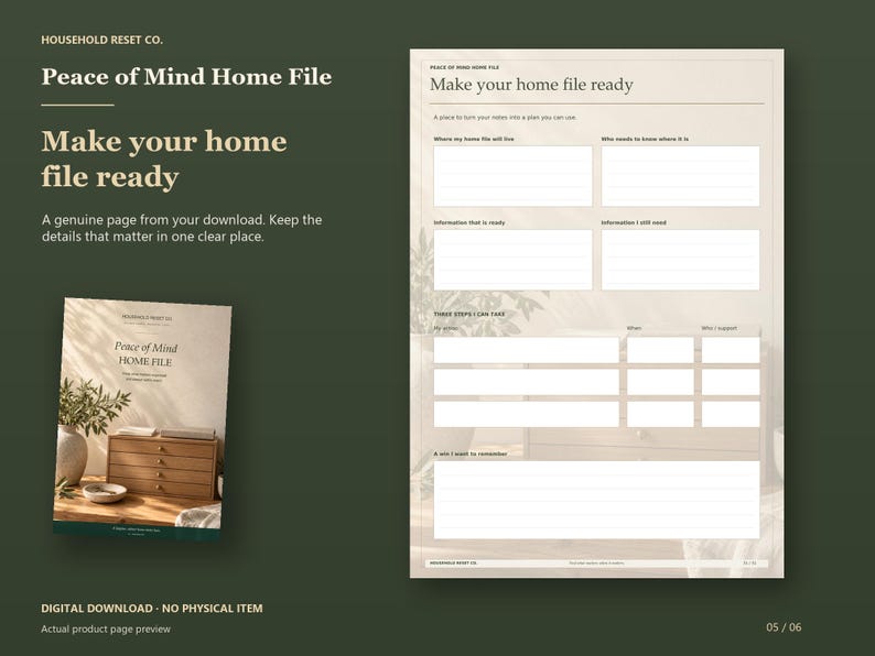 Actual guide page preview showing spaces for file location, missing information and three next steps. Shown beside the original cover on a coordinated dark background.