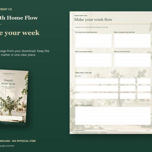 Make Your Week Flow worksheet with spaces for routines, obstacles, helpful changes and three next steps, beside the floral planner cover.