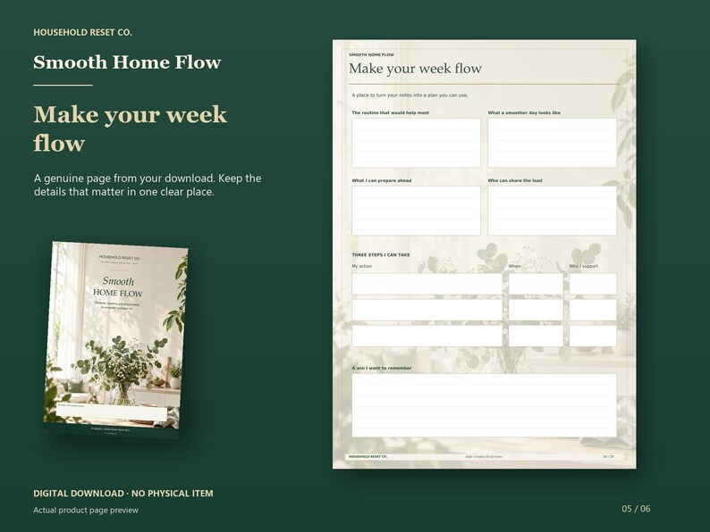 Make Your Week Flow worksheet with spaces for routines, obstacles, helpful changes and three next steps, beside the floral planner cover.