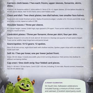 May include: A page titled Silver Clockwork Sentinel featuring instructions for crafting a costume with cloth bases, chest plates, and gear components. A green monster illustration appears below with a speech bubble about a creamy celebration on South Uist.