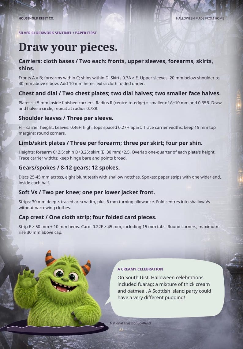 May include: A page titled Silver Clockwork Sentinel featuring instructions for crafting a costume with cloth bases, chest plates, and gear components. A green monster illustration appears below with a speech bubble about a creamy celebration on South Uist.