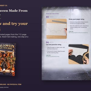 Actual guide page preview showing illustrations of a paper wing outline and a fabric practice wing being cut. Shown beside the original cover on a coordinated dark background.