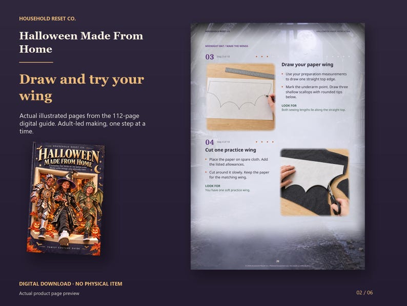 Actual guide page preview showing illustrations of a paper wing outline and a fabric practice wing being cut. Shown beside the original cover on a coordinated dark background.