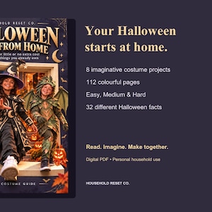 Halloween Made From Home cover beside an overview of the illustrated family costume guide on a charcoal background. Digital PDF download, not a physical book.