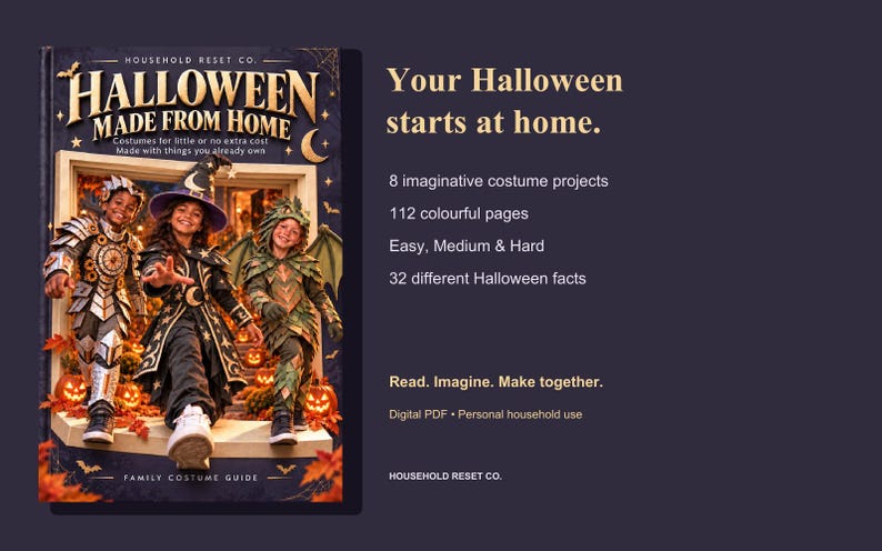 Halloween Made From Home cover beside an overview of the illustrated family costume guide on a charcoal background. Digital PDF download, not a physical book.