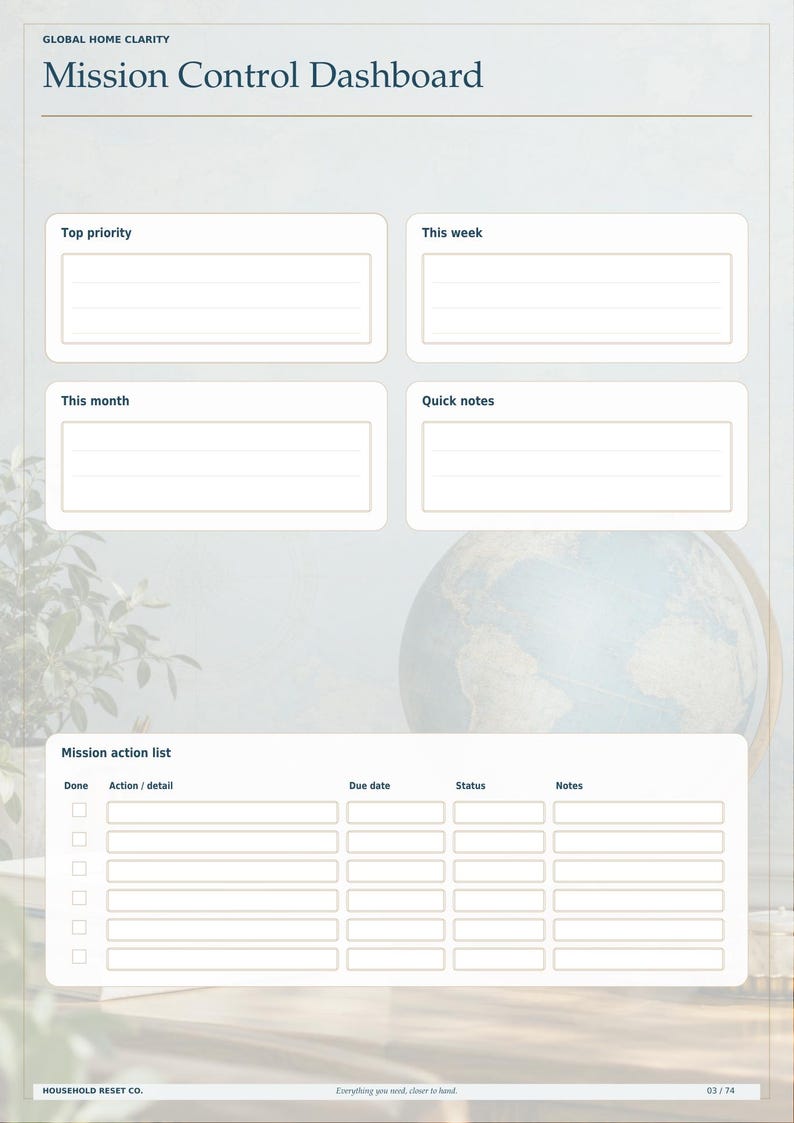 May include: A white digital planner page titled Mission Control Dashboard by Global Home Clarity. It features sections for Top priority, This week, This month, and Quick notes, plus a Mission action list table with columns for Done, Action, Due date, Status, and Notes.