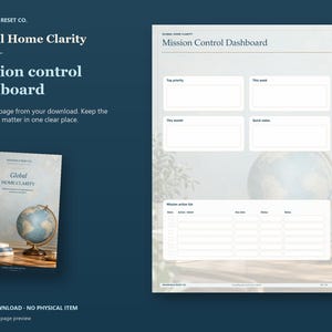 Actual guide page preview showing priority boxes and an action checklist. Shown beside the original cover on a coordinated dark background.