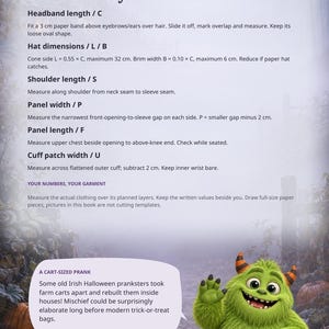 May include: A page titled Write down your sizes from Household Reset Co. featuring instructions for measuring headbands, hats, shoulders, panels, and cuffs. It includes a text box about Irish Halloween pranks and a green monster illustration.