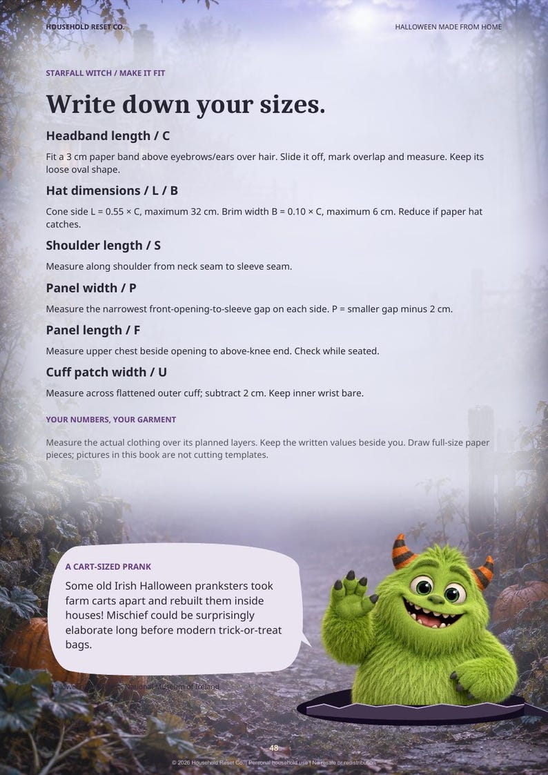 May include: A page titled Write down your sizes from Household Reset Co. featuring instructions for measuring headbands, hats, shoulders, panels, and cuffs. It includes a text box about Irish Halloween pranks and a green monster illustration.