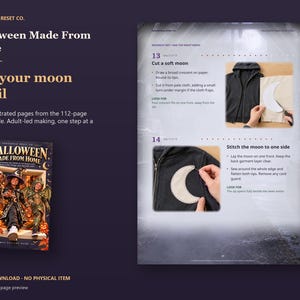 Actual guide page preview showing illustrations of cutting a fabric crescent and stitching it onto the costume. Shown beside the original cover on a coordinated dark background.