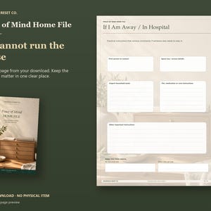 Actual guide page preview showing spaces for contacts, urgent household tasks and helper instructions. Shown beside the original cover on a coordinated dark background.