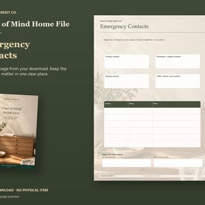 Actual guide page preview showing blank emergency contact boxes and a service contact table. Shown beside the original cover on a coordinated dark background.