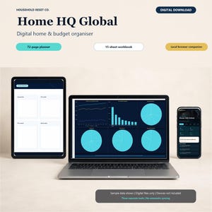 May include: A digital home and budget organizer titled Home HQ Global, featuring a 72-page planner, 15-sheet workbook, and local browser companion. The display shows a tablet, laptop, and smartphone with data dashboards, charts, and task lists.