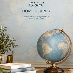 May include: A blue and beige world globe with a brass-coloured metal meridian and a dark wooden base. The text reads: HOUSEHOLD RESET CO. CALMER HOMES. BRIGHTER LIVES. Global HOME CLARITY Practical systems for an organised home, anywhere in the world.
