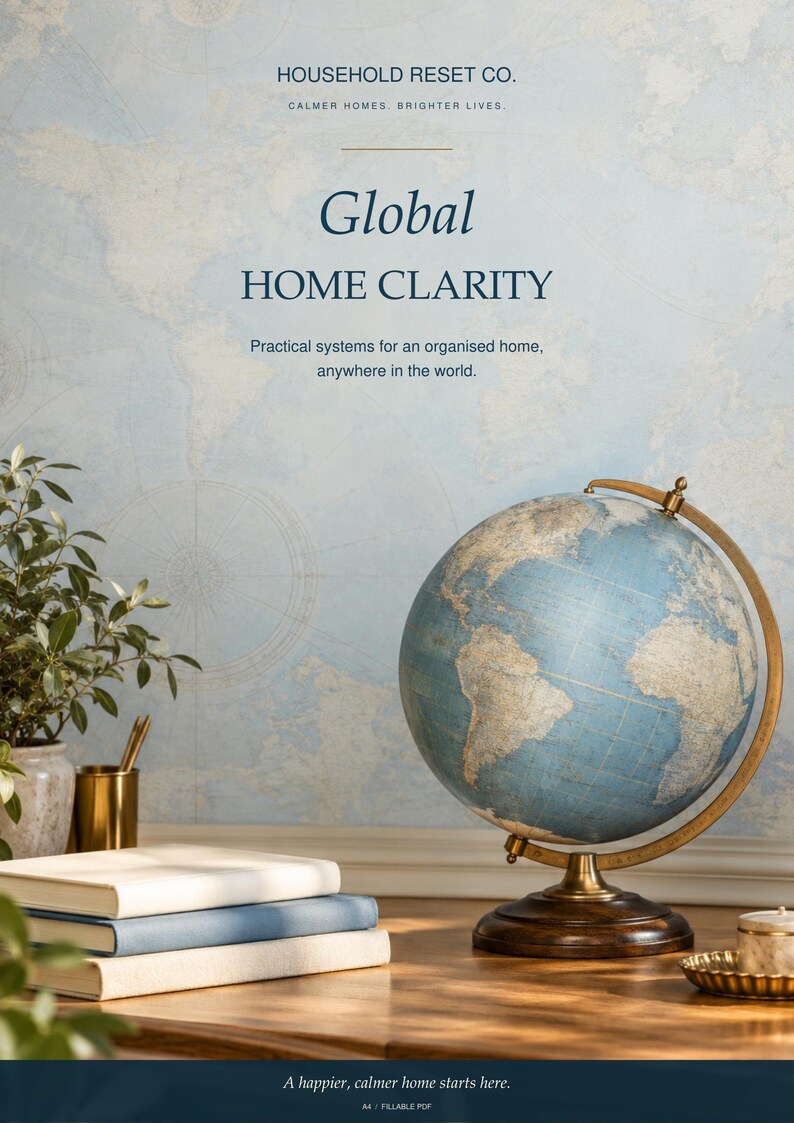 May include: A blue and beige world globe with a brass-coloured metal meridian and a dark wooden base. The text reads: HOUSEHOLD RESET CO. CALMER HOMES. BRIGHTER LIVES. Global HOME CLARITY Practical systems for an organised home, anywhere in the world.