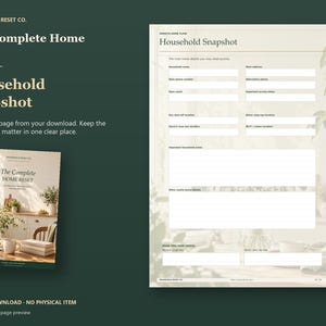 Actual guide page preview showing a household snapshot with blank information fields. Shown beside the original cover on a coordinated dark background.