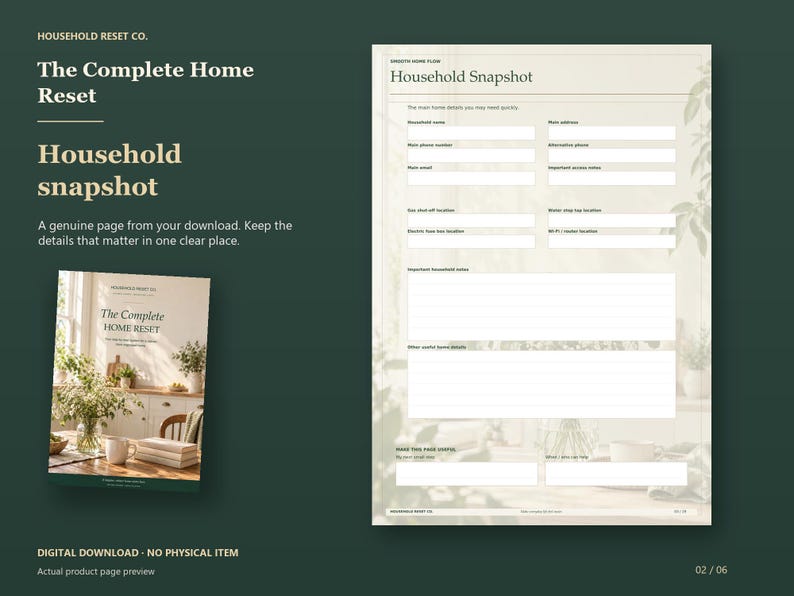 Actual guide page preview showing a household snapshot with blank information fields. Shown beside the original cover on a coordinated dark background.