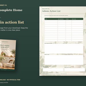 Actual guide page preview showing an admin action table and priorities. Shown beside the original cover on a coordinated dark background.