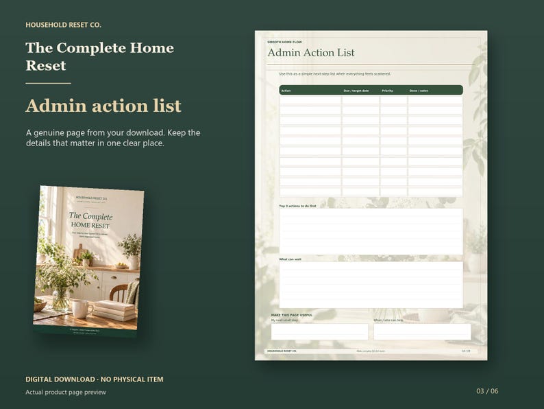 Actual guide page preview showing an admin action table and priorities. Shown beside the original cover on a coordinated dark background.