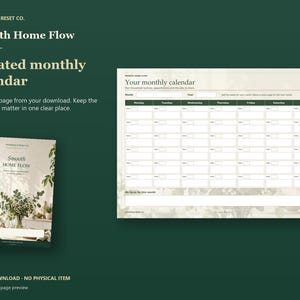 Undated monthly calendar with Monday-to-Sunday date boxes and a notes area, beside the floral planner cover on deep green.