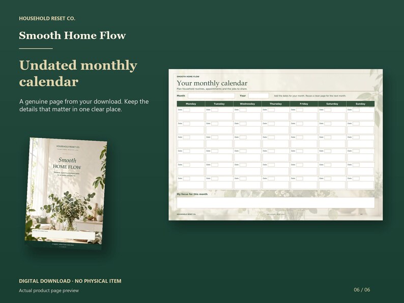 Undated monthly calendar with Monday-to-Sunday date boxes and a notes area, beside the floral planner cover on deep green.