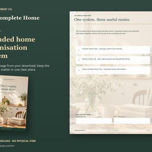 Actual guide page preview showing an overview of the three included home planning guides. Shown beside the original cover on a coordinated dark background.