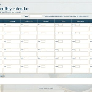 May include: A monthly calendar planner page with a dark blue header labelled Global Home Clarity and Your monthly calendar. It features a grid for Monday through Sunday, blank date boxes, and a section at the bottom labelled My focus for this month.