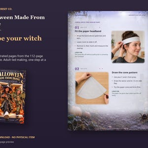 Actual guide page preview showing illustrations of fitting a paper headband and drawing a cone pattern. Shown beside the original cover on a coordinated dark background.