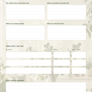 May include: A beige printable planner page titled Smooth Home Flow Make your week flow. It includes sections for routine, preparation, sharing tasks, three action steps with columns for action, when, and support, and a win to remember section.