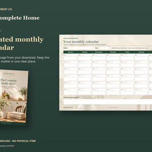Actual guide page preview showing an undated monthly calendar grid. Shown beside the original cover on a coordinated dark background.