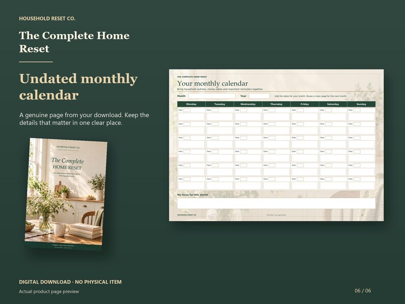 Actual guide page preview showing an undated monthly calendar grid. Shown beside the original cover on a coordinated dark background.
