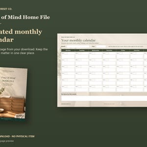 Actual guide page preview showing an undated calendar grid for household dates. Shown beside the original cover on a coordinated dark background.